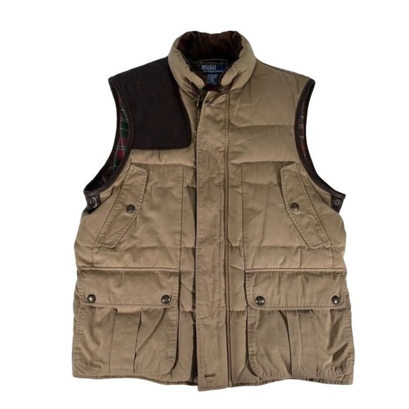 Vintage Ralph Lauren POLO Down Hunting Vest Wool Plaid Lining Mens LARGE